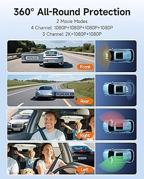 360 Dash Cam Front and Rear Inside 4 Channel Dash Camera for Cars FHD 1080P